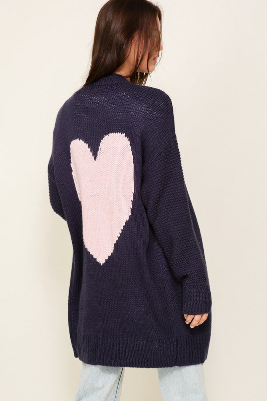 Navy Long Sleeve Open Front Cardigan With Back Heart