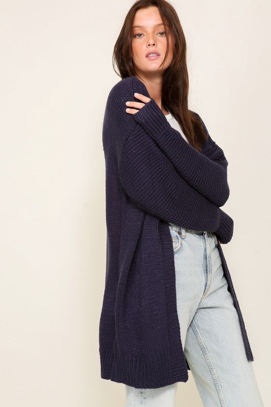 Navy Long Sleeve Open Front Cardigan With Back Heart