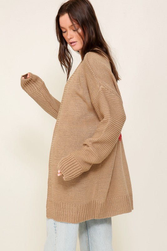 Taupe Long Sleeve Open Front Cardigan With Back Heart