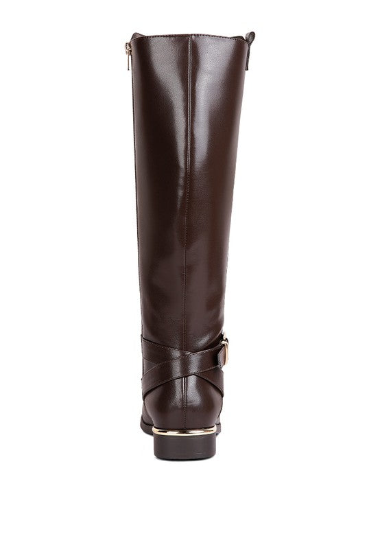 Brown Buckle Strap Embellished Calf Boots