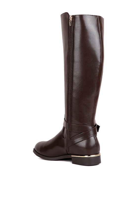 Brown Buckle Strap Embellished Calf Boots