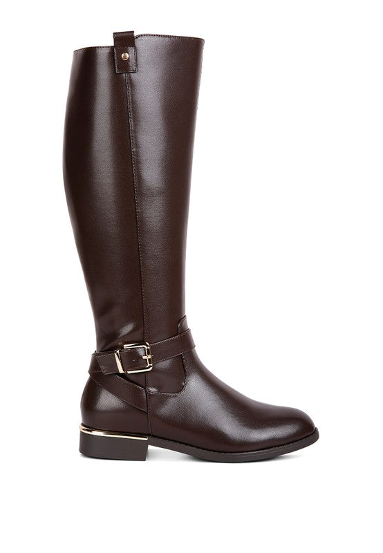 Brown Buckle Strap Embellished Calf Boots