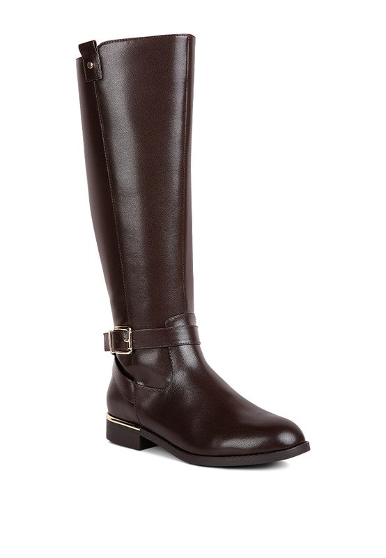 Brown Buckle Strap Embellished Calf Boots