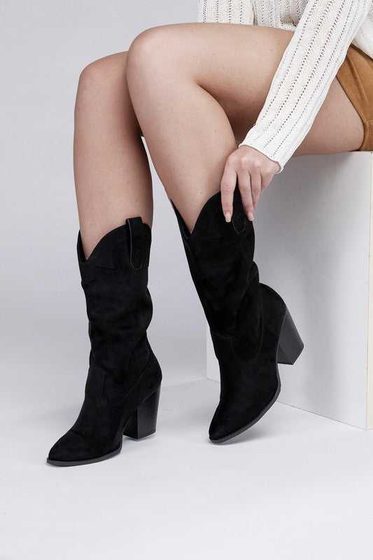 Black Suede Knee High Heel Boots 