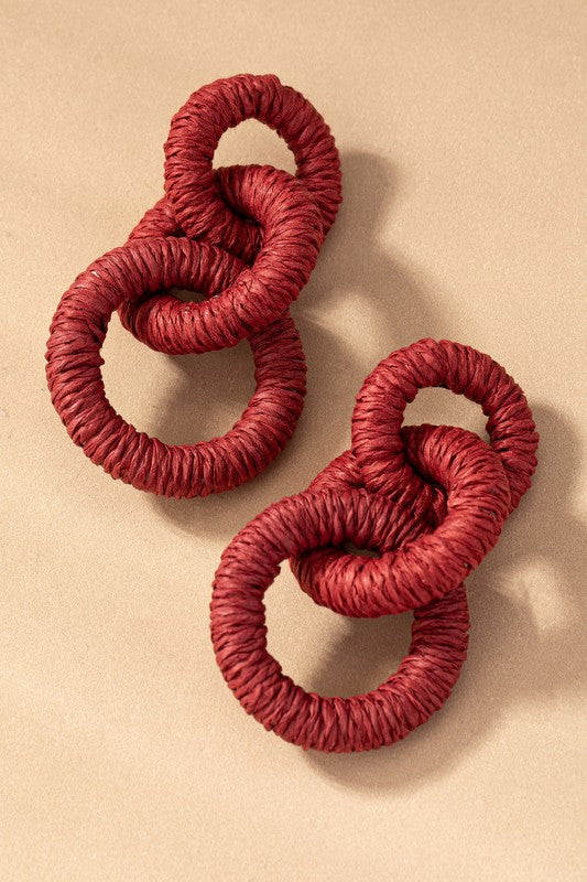 Burgundy Hemp rope wrapped chunky wood hoop earrings