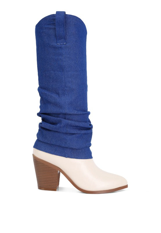 Beige Fab Cowboy Boots With Denim Sleeve Setail