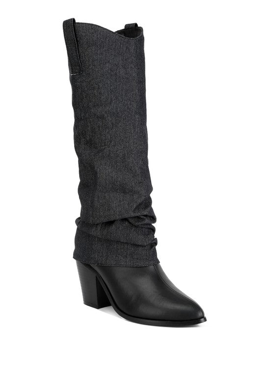 Black Fab Cowboy Boots With Denim Sleeve Setail