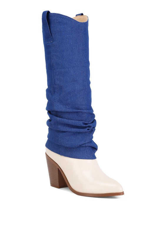 Beige Fab Cowboy Boots With Denim Sleeve Setail