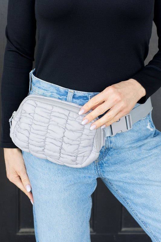 Gray Quilted Puffer Sling Belt Fanny Bum Bag