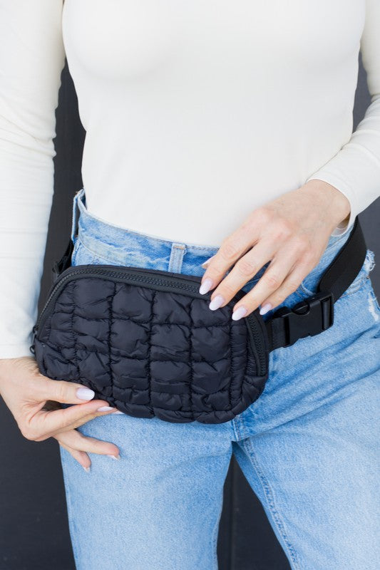 Black Quilted Puffer Sling Belt Fanny Bum Bag