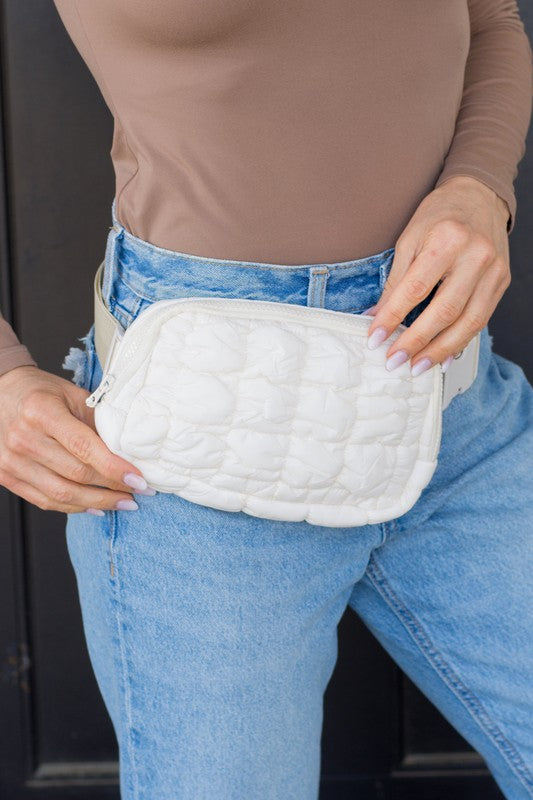 Ivory Quilted Puffer Sling Belt Fanny Bum Bag