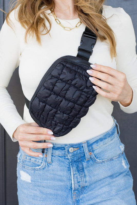 Black Quilted Puffer Sling Belt Fanny Bum Bag