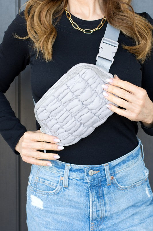 Gray Quilted Puffer Sling Belt Fanny Bum Bag