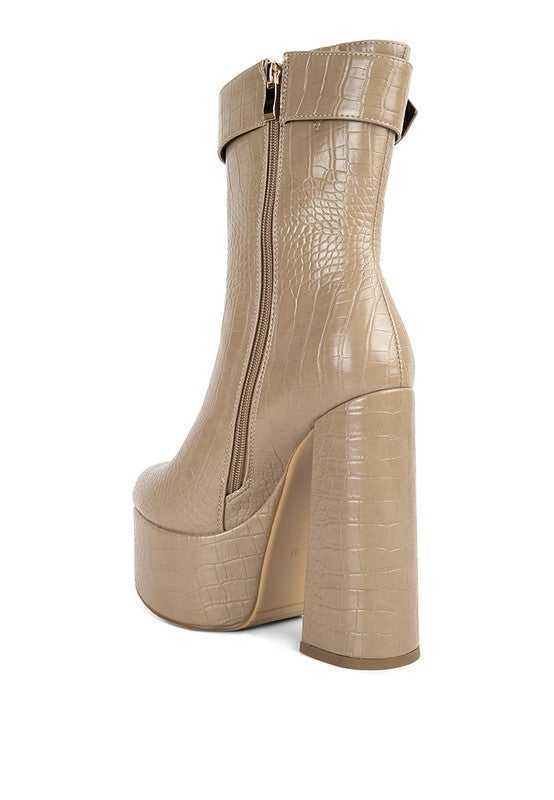 Taupe Bumpy Croc High Block Heeled Chunky Ankle Boots