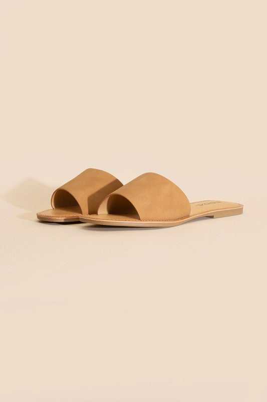 Tan Open Toe Flat Slides 