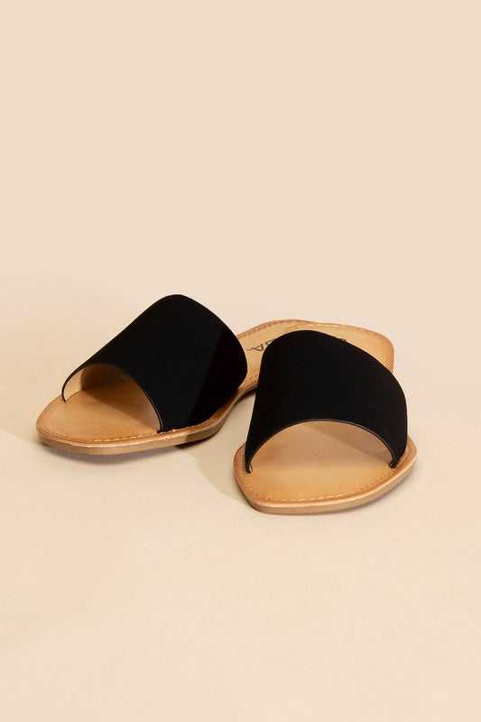 Black Open Toe Flat Slides 