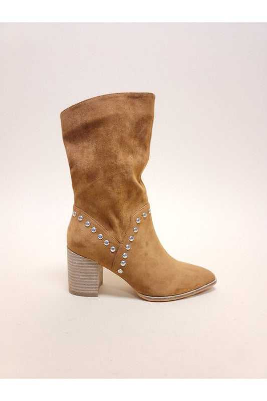 Camel  SUEDE MIDI BOOTIES WITH STUDS