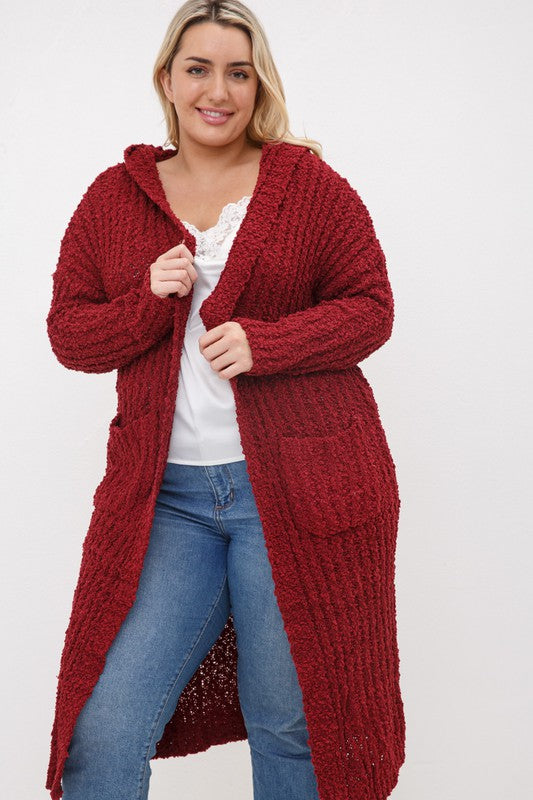Burgundy PLUS RIBBED POPCORN KNIT FULL BODY HOODIE CARDIGAN