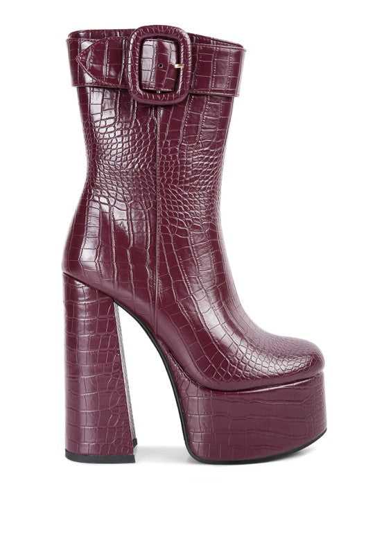 Burgundy Bumpy Croc High Block Heeled Chunky Ankle Boots