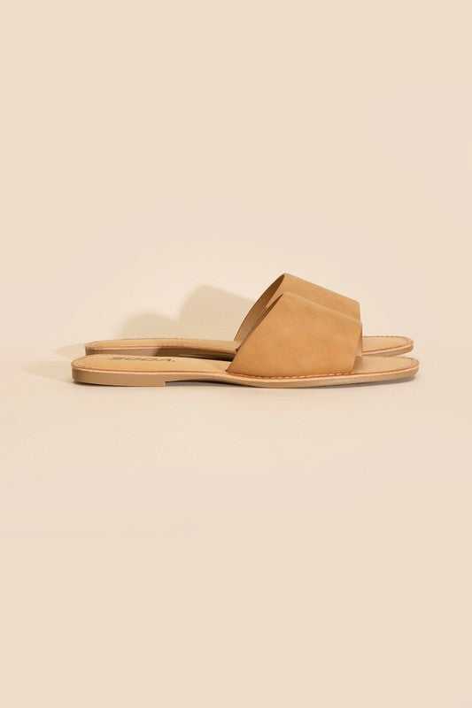 Tan Open Toe Flat Slides 