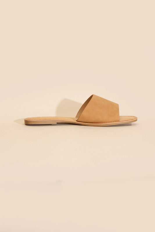 Tan Open Toe Flat Slides