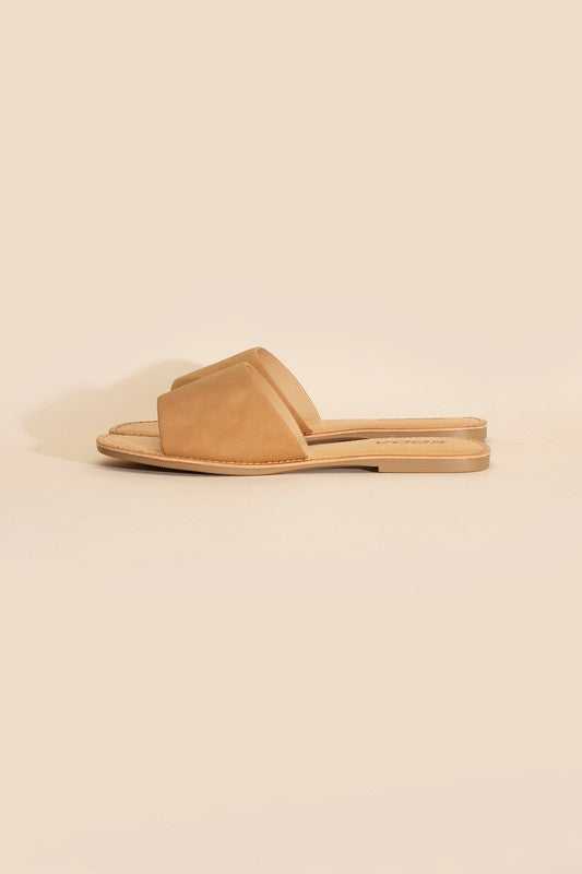 Tan Open Toe Flat Slides 