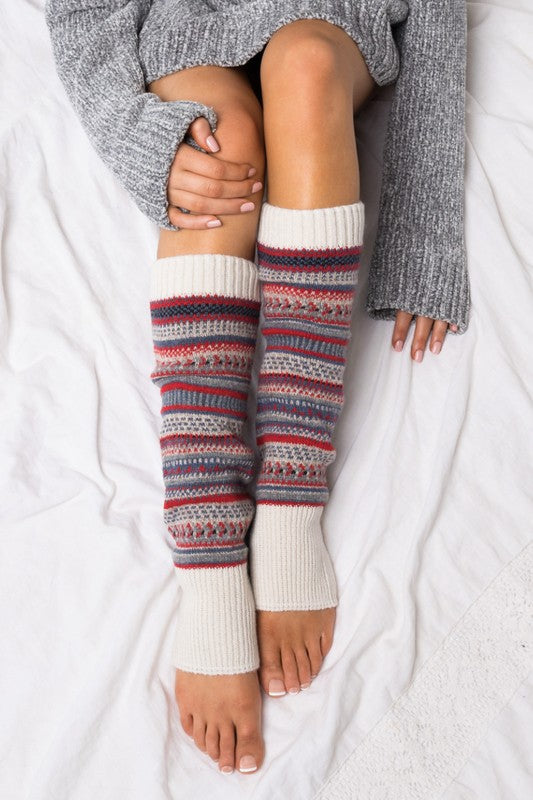 Beige Fair isle Print Legwarmer Thick Knit 