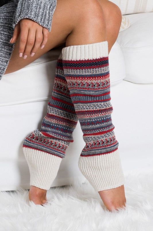 Beige Fair isle Print Legwarmer Thick Knit 