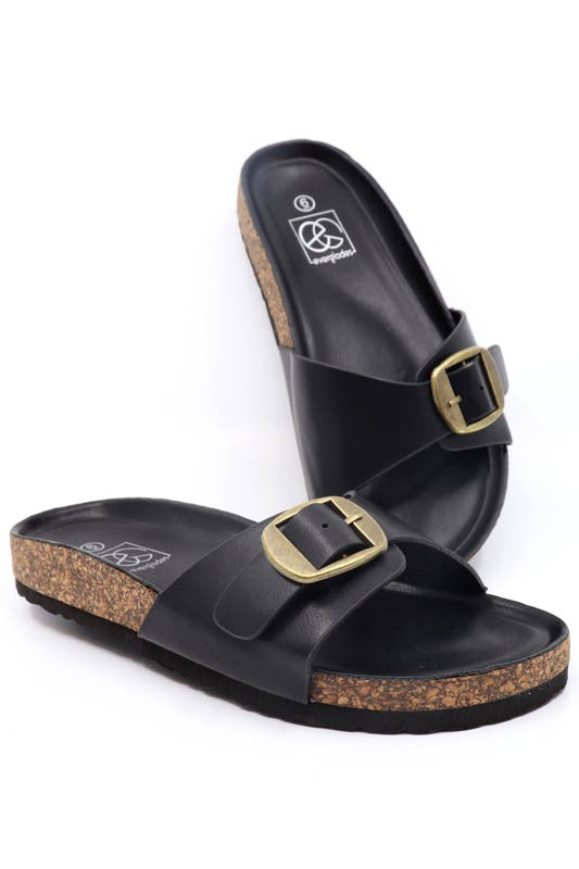 Black Boho Slide Sandal with Buckle Ornament