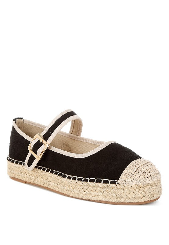 Black Bolean Soft Suede Leather Mary Jane Espadrilles