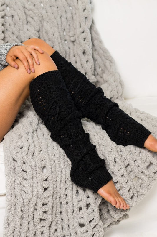 Black Cable Knit Long Tie Leg Warmer