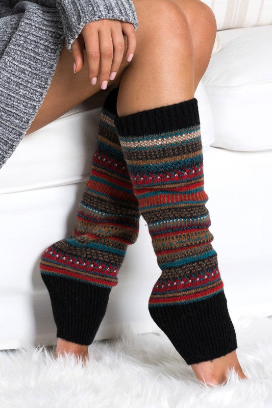 Black Fair isle Print Legwarmer Thick Knit 