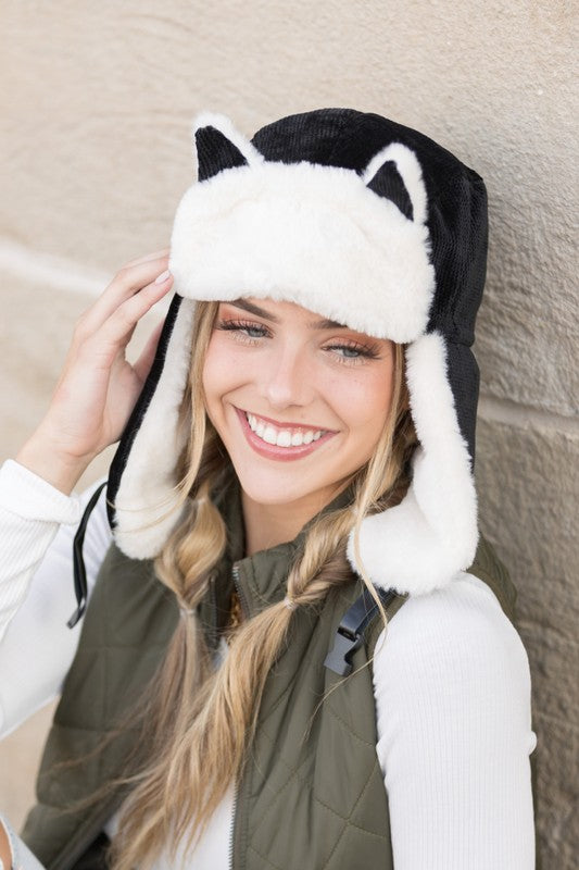 Black Kitten Ear Trapper Hat Faux Fur Plush 