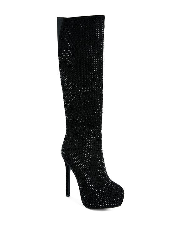 Black  Rhinestone Embellished Stiletto Calf Boots