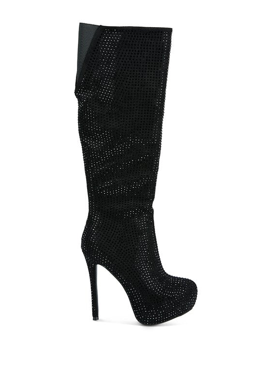 Black  Rhinestone Embellished Stiletto Calf Boots