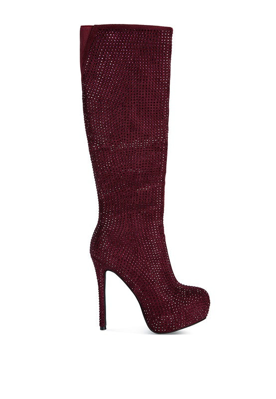 Burgundy  Rhinestone Embellished Stiletto Calf Boots