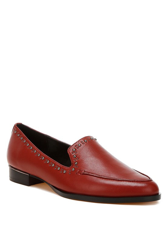 Burgundy Wolferton Delicate Stud Detail Leather Loafers