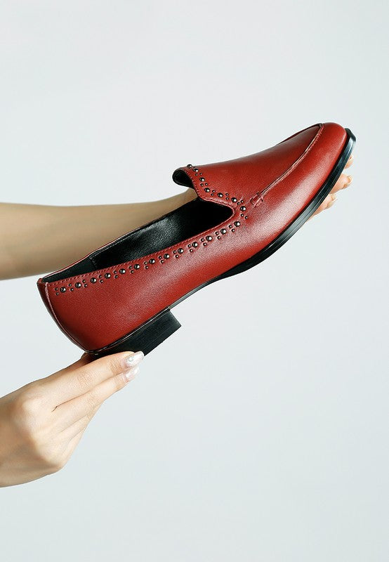 Burgundy Wolferton Delicate Stud Detail Leather Loafers