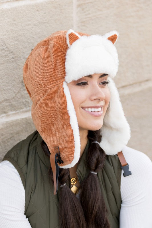 Camel Kitten Ear Trapper Hat Faux Fur Plush 