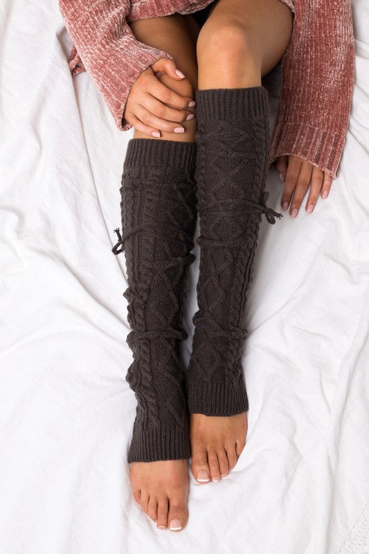 Charcoal Cable Knit Long Tie Leg Warmer