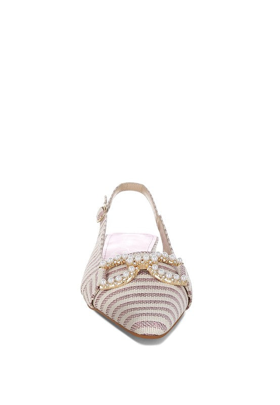 Gold Crina Pearl-Detailed Horsebit Woven Flats 