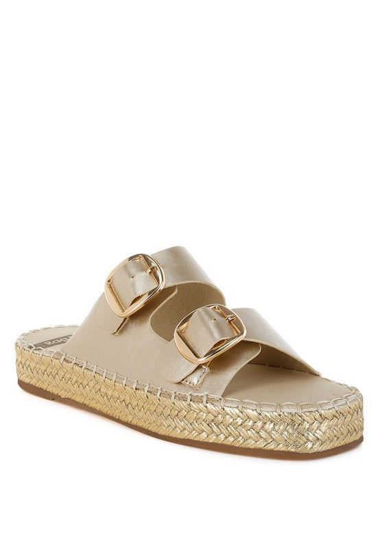 Miova Metallic Buckle Detail Espadrille Flatforms Gold 