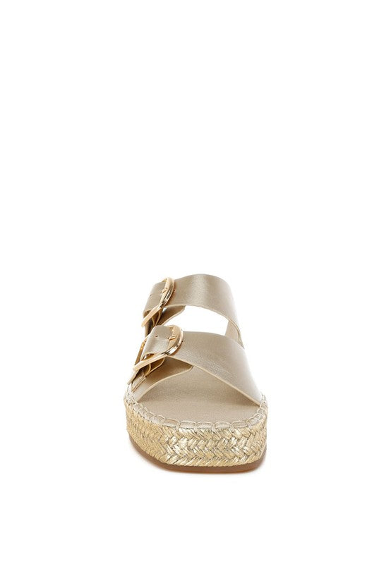 Miova Metallic Buckle Detail Espadrille Flatforms Gold 