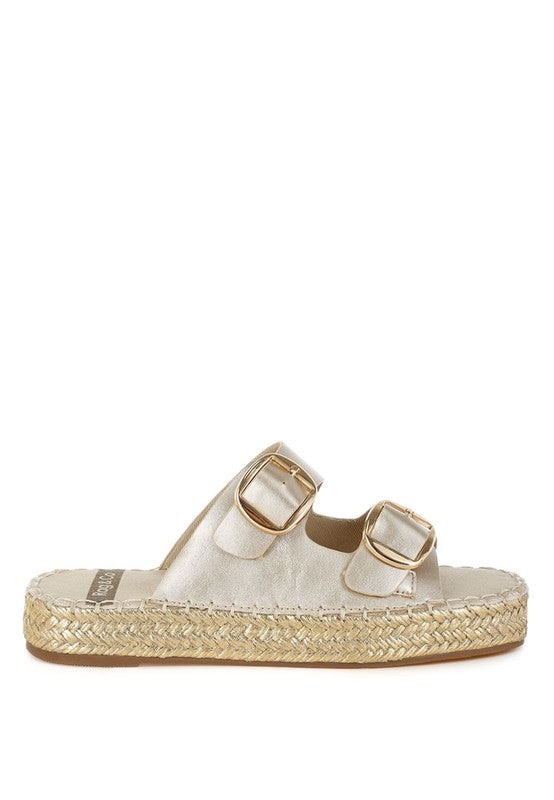Miova Metallic Buckle Detail Espadrille Flatforms Gold 