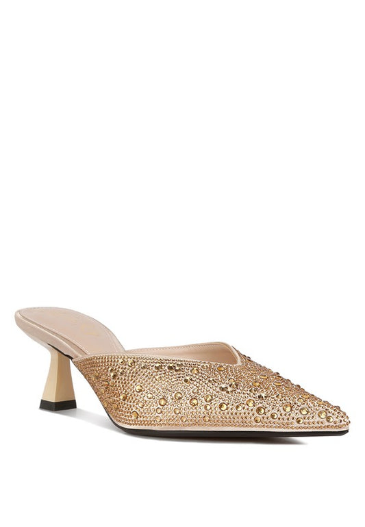 Gold Rhinestones Embellished Satin Mules