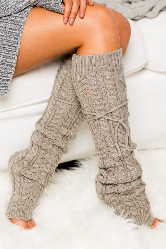 Gray Cable Knit Long Tie Leg Warmer