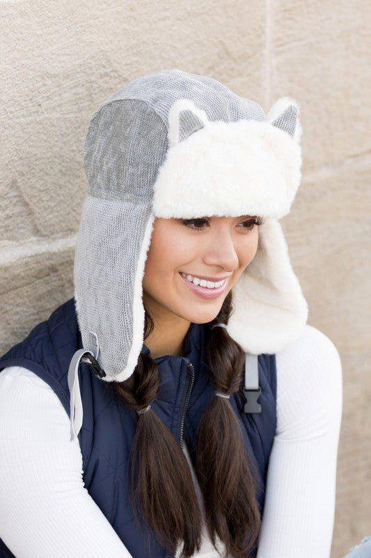 Gray Kitten Ear Trapper Hat Faux Fur Plush 