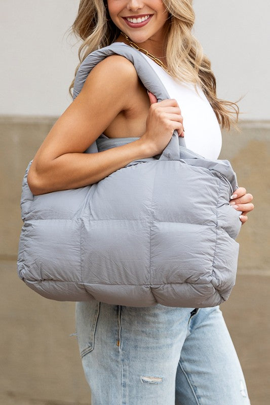 Gray  Nylon Puffer Tote with Zipper