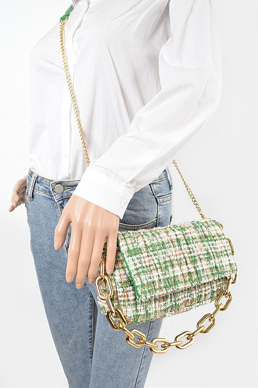 Green Quilted Tweed Chunky Chain Shoulder Bag