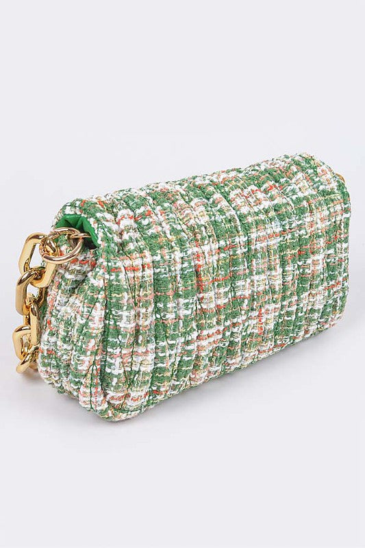 Green Quilted Tweed Chunky Chain Shoulder Bag